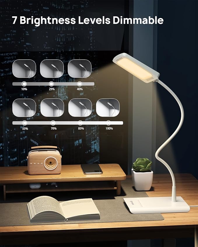 TROND Desk Lamp, Bright Dimmable Eye-Caring Table Lamp, 3 Color Modes 7 Brightness Levels, Flexible Gooseneck, Touch Control, Memory Function, Desk Light for Home Office Dorm Room Essentials