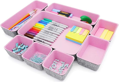 Welaxy desk drawer organizers tray dividers small shallow felt storage box sturdy soft bin for office suppliers entryway catchall key holder makeup crafts pens decluttering 8-piece (Light pink)