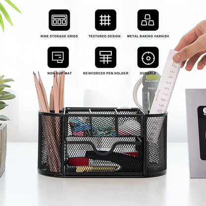 Mesh Desk Organizer Desktop Office Supplies Multi-functional Caddy Pen Holder Stationery with 8 Compartments and 1 Drawer for Office, Home, School, Classroom (Black)