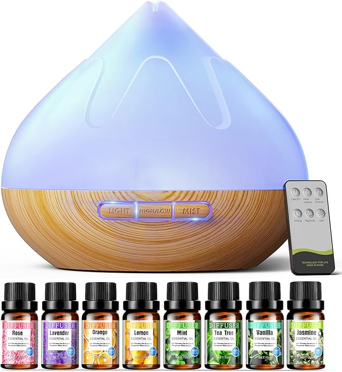 Aroma Diffiser with Essential Oils Set, 500 ML Essential Oil Diffuser with Remote Control, Humidifier with 14 Color Lights for Large Room, 4 Timer Setting, Auto Shut-Off