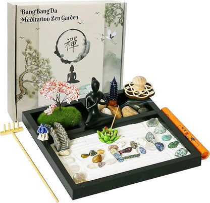 Desktop Meditation Yoga Zen Garden Kit Japanese Tabletop Rock Sand Chakra Shrine Altar Japanese Zen Decor Home Office Desk Zen Gifts for Women Man Birthday w/Rake Tool Accessories Bonsai