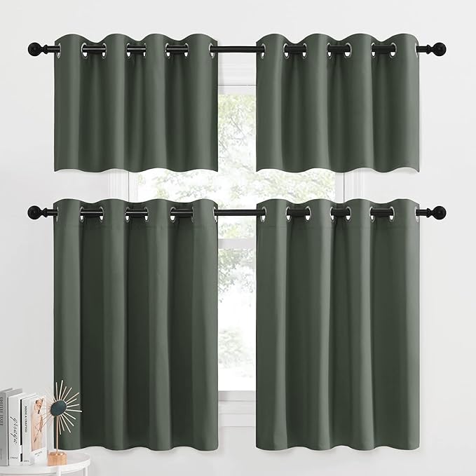 NICETOWN Country Kitchen Curtains for Windows, Thermal Insulated Room Darkening Curtain Valances for Living Room, Grommet Farmhouse Small Curtains for Bathroom, 1 Pair, 52" x 36", Dark Mallard