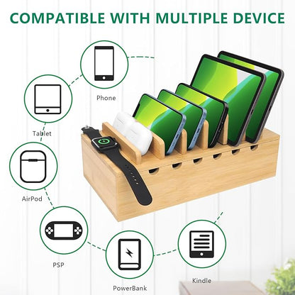 Bamboo Charging Station for Multiple Devices (Includes 5 Port USB Charger, 6 x Charge Cables), Upgrade Desk Docking Stations Organizer for iPhone Devices, Tablets, Laptop Holder Stand