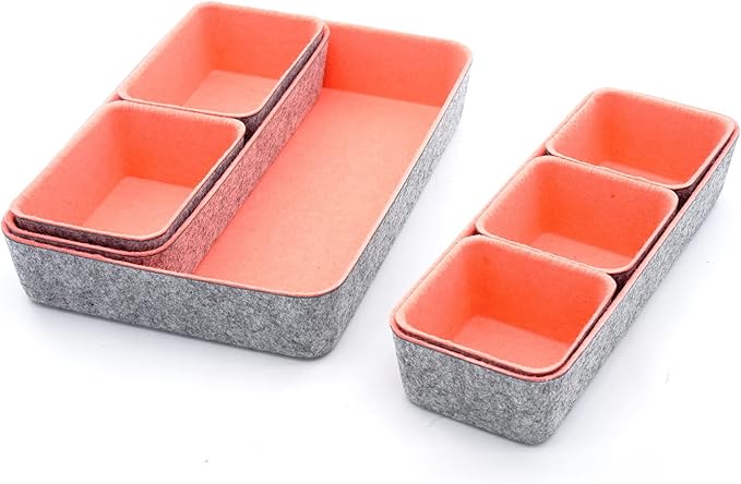 Welaxy desk drawer organizers bin trays dividers small shallow felt storage box sturdy office suppliers makeup crafts pens decluttering 8-piece gifts for women (Coral)