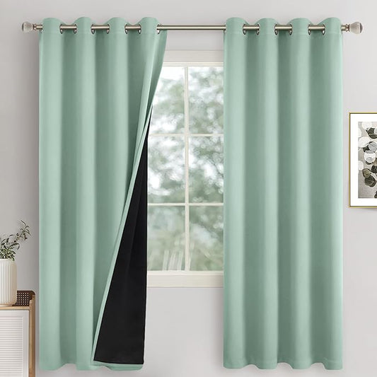 Frosty Green Blackout Curtains for Bedroom 72 Inch Length 2 Panels, Thermal Insulated 100% Light Blocking Soundproof Grommet Window Curtains for Living Room with Black Liner, Each 52 Inch Wide