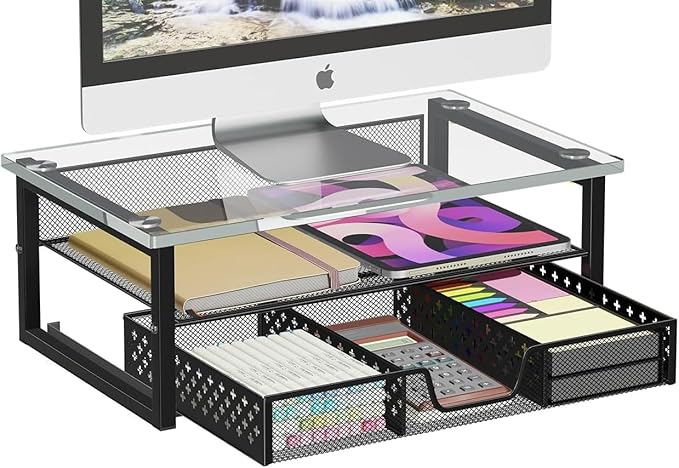 Monitor Stand Riser Tempered Glass, 2 Tier Metal Computer Desk Organizer with Drawer Storage, Desktop Stand for Laptop, Printer, iMac, Black