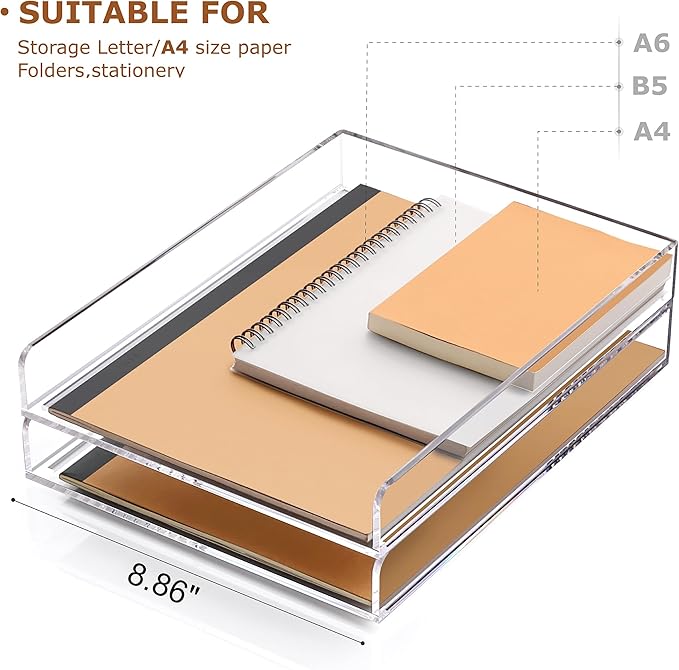 SANRUI 2 Tier Acrylic Stackable Paper Letter Tray, Vertical A4 File Tray Desk Organizer and Accessories Sorter Tray, Clear Workspace Office Supplies Organizers, 12inx9.25inx3.42in