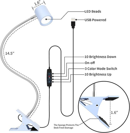 Dott Arts Desk Lamp,USB Clip On Light with 3 Color Modes,LED 10 Levels Brightness Reading Lamp, 360°Gooseneck Book Light,Eye-Care Reading Light for Home Office,Headboards Blue