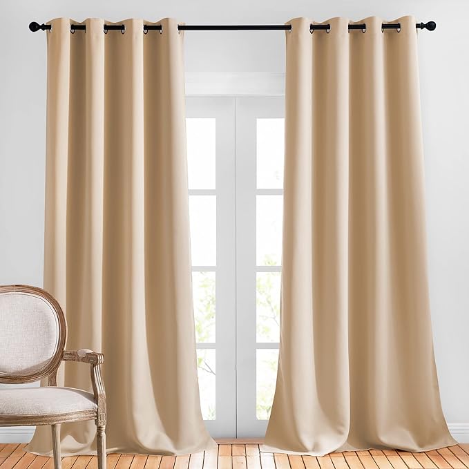 NICETOWN Blackout Curtains & Drapes for Living Room - Grommet Window Treatment Thermal Insulated Solid Sound Reducing Drapes for Bedroom (Biscotti Beige, Set of 2, W52 x L90)