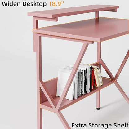 COTUBLR Small Desk, 27.5 Inch Small Computer Desk for Small Spaces, Computer Desk with Adjustable Monitor Stand, Compact Desk with Storage, Tiny Desk Study Desk for Bedroom Home Office, Pink