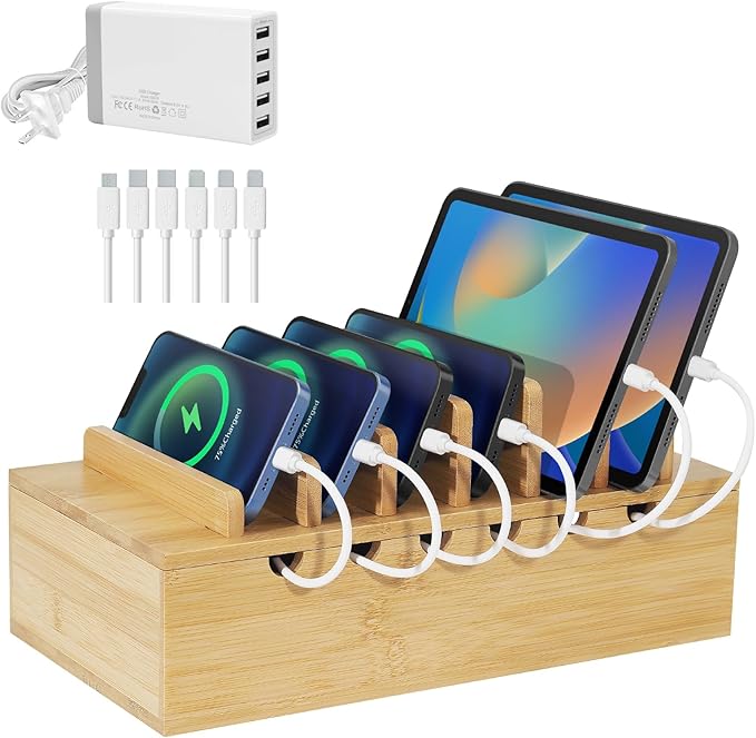 Bamboo Charging Station for Multiple Devices (Includes 5 Port USB Charger, 6 x Charge Cables), Upgrade Desk Docking Stations Organizer for iPhone Devices, Tablets, Laptop Holder Stand