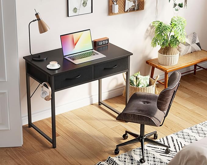 ODK Small Desk with Fabric Drawers- for Bedroom, White Study Desk with Storage, Home Office Computer Desk for Small Spaces, 32 Inch Modern Work Writing Kids Table, Black