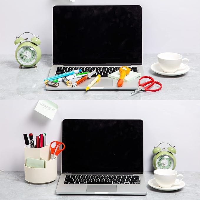 Desk Pencil Pen Holder, 3 Slots 360-Degree Spinning Pencil Pen Desk Organizers, Desktop Storage Pen Organizers Stationery Supplies, Cute Pencil Cup Pot for Office, Art Supply - White