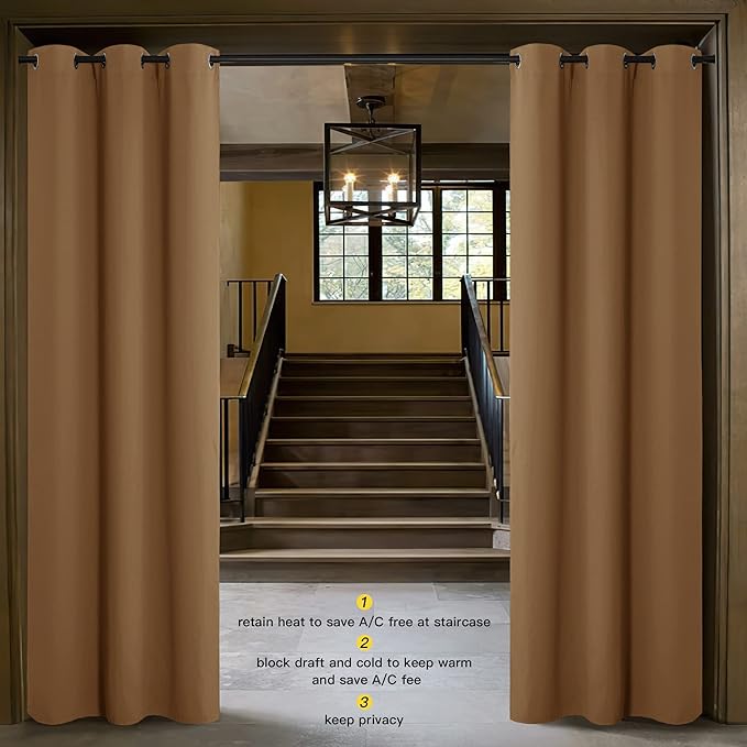 NICETOWN Closet Curtain for Bedroom Door, Faux Folding Accordion Doors, Blackout Noise Reducing Room Divider for Doorway Laundry Room Bifold Door (1 Panel, 5ft Wide x 9ft Long, Gold Brown)