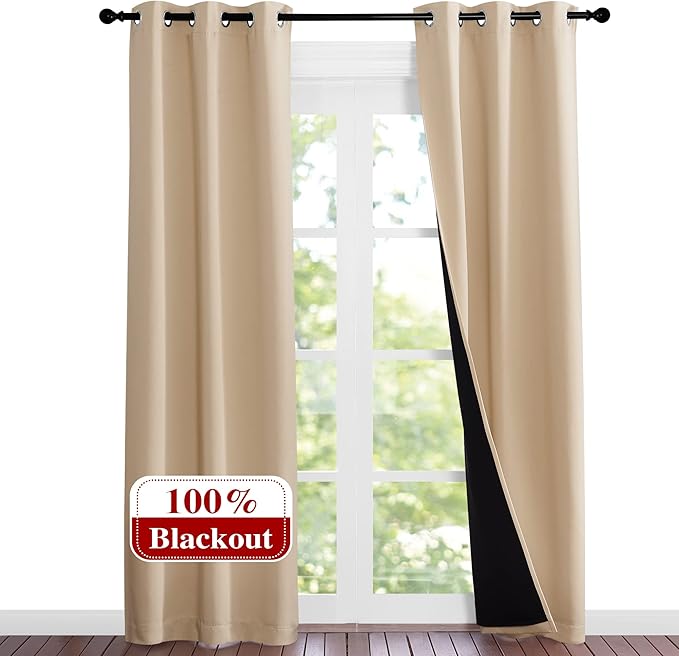 NICETOWN Living Room Completely Shaded Draperies, Set of 2, W37 x L80, Biscotti Beige, Privacy Protection & Noise Reducing Black Lined Insulated Window Treatment Curtain Panels for Patio Door