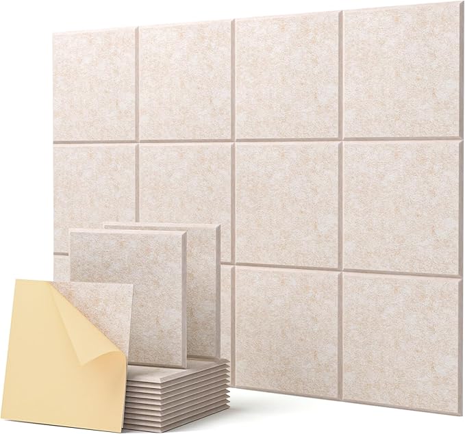 Soundproof Wall Panels Self-Adhesive Acoustic Panels Sound Absorbing High Density Sound Proof Foam Panels for Home Office, Reccording Studio, Ceiling 12" X 12" X 0.4", Beige