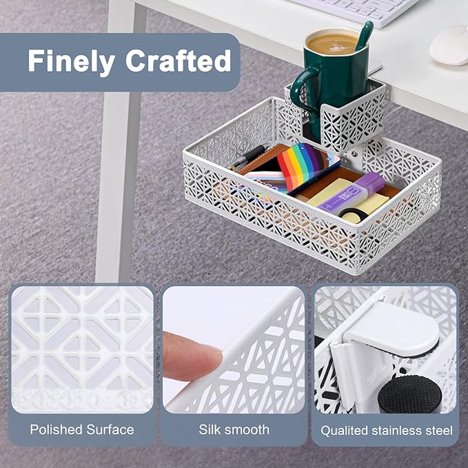 Under Desk Drawer Organizer Clip-on Cup Holder Under Desk Storage Drawers Rotated Under Table Drawer for Desk Organizer Clamp Phone Holder Paper Drawer (White)