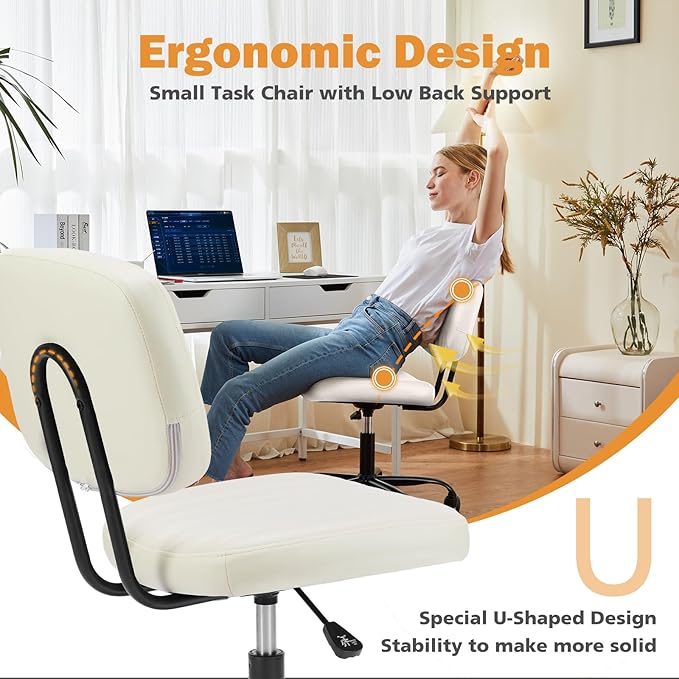 Sweetcrispy Small Office Computer Desk Chair with Wheels and Lumbar Support, Comfy Cute Armlees PU Leather Vanity Rolling Swuvel Task Chair No Arm for Adult, Student