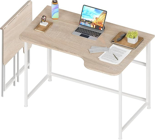 4NM 35.4" Small L Shaped Desk, Folding Computer Desk Home Office Desk, Foldable Bed Desk for Laptop for Small Space Offices - Natural and White