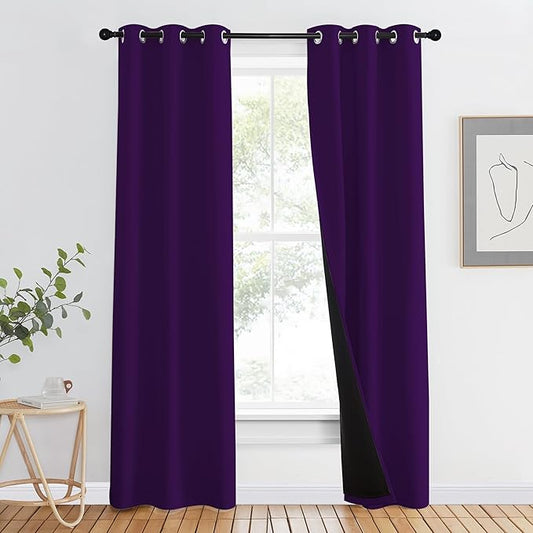 NICETOWN 100% Blackout Curtains with Black Liner Backing, Thermal Insulated Curtains for Living Room, Noise Reducing Drapes, Royal Purple, 37" Wide x 80" Long Per Panel, Set of 2 Panels