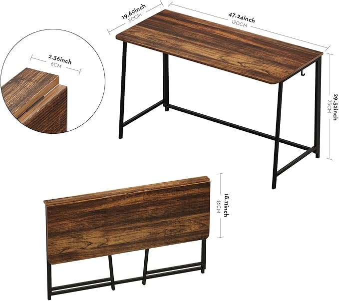 WOHOMO Folding Desk, 47.2" Foldable Computer Desk for Bedroom, Space Saving Computer Table Writing Workstation for Home Office, Easy Assembly, Walnut