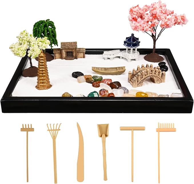 Mini Zen Garden, White Sand, 10" x 7" Rectangular Plastic Tray with Meditation Accessories