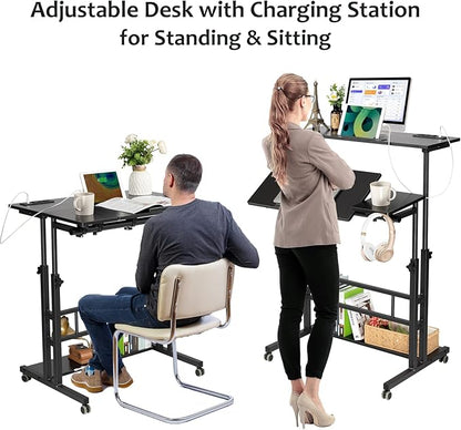 Hadulcet Stand Up Desk, Rolling Desk Adjustable Height, Mobile Standing Desk with Wheels & Charging Station, Portable Desk for Laptop, Rolling Computer Cart TV Tray, Small Standing Desk Drawing Desk