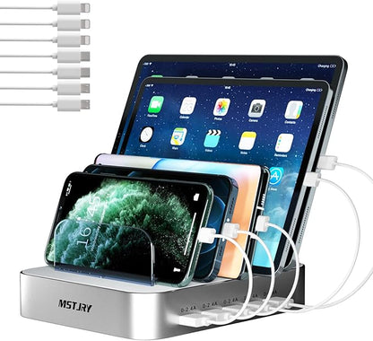 Charging Station for Multiple Devices,MSTJRY 5 Port Multi USB-A Charger Station with Power Switch Designed for iPhone iPad Cell Phone Tablets (Silver, 7 Mixed Short Cabels Included)