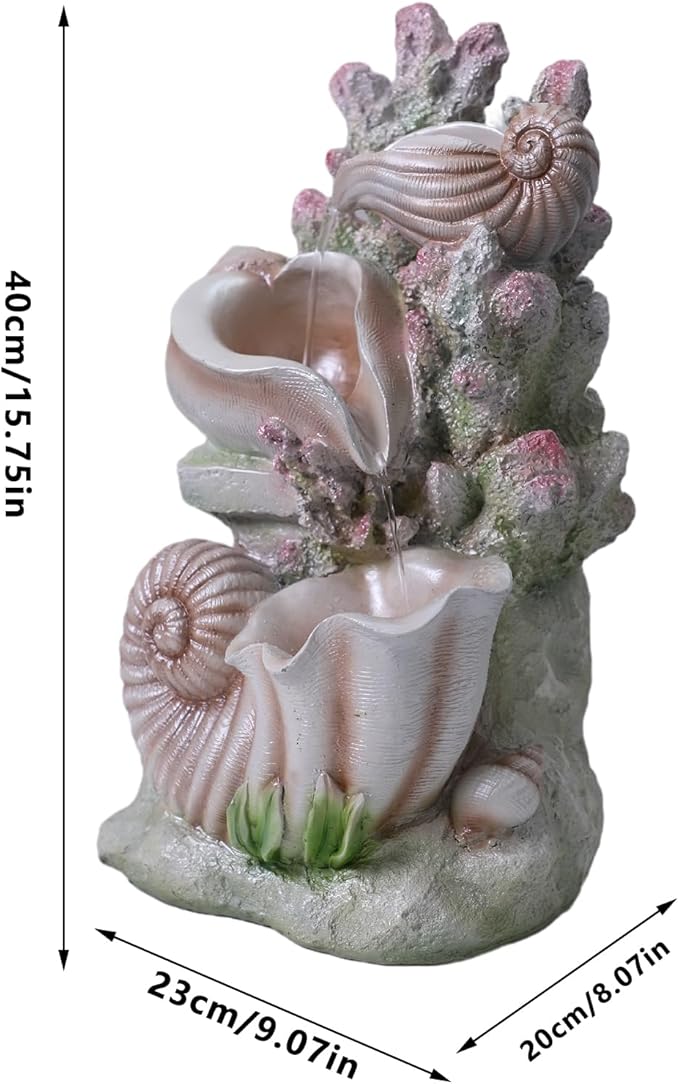 Ferrisland 3-Tier Tabletop Fountain Indoor, White Pink Resin Coral and Shell Water Fountain with LED Lights and Water Pump, 15.7" H Lightweight Waterfall Fountain for Home and Office Decoration