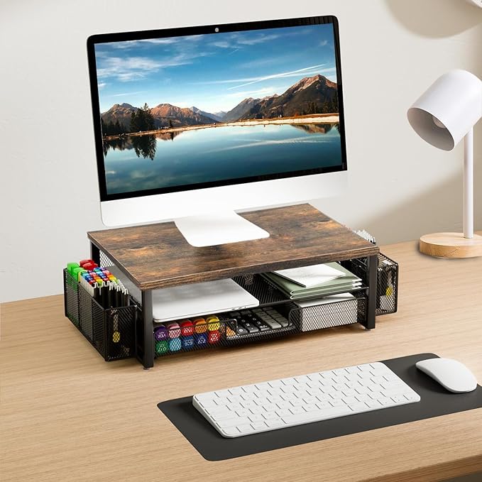 gianotter Monitor Stand Riser, Desk Organizer with Drawer and Pen Holder, 2-Tier Computer Stand, Office Desk Accessories, Office Organization(Wood)