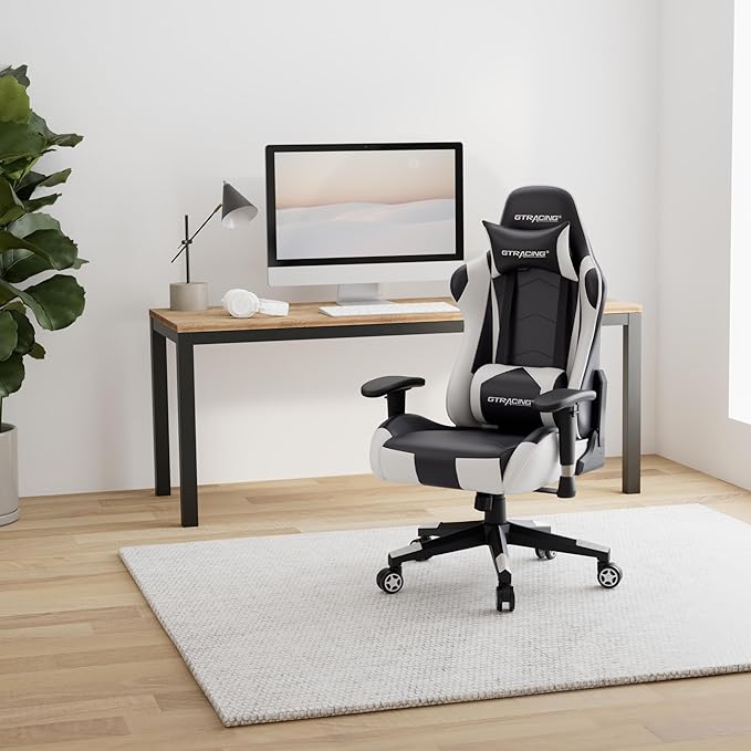 GTRACING Gaming Chair Racing Office Computer Ergonomic Video Game Chair Backrest and Seat Height Adjustable Swivel Recliner with Headrest and Lumbar Pillow Esports Chair (White)