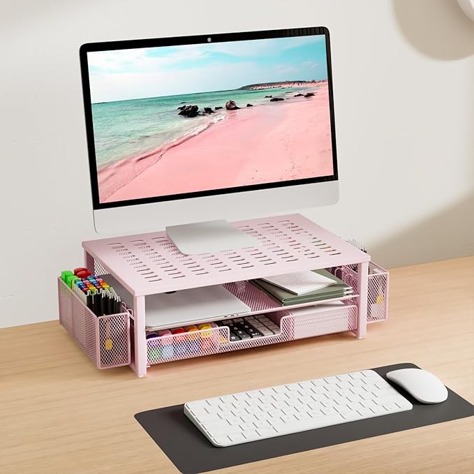 gianotter Monitor Stand with Drawer and Pen Holder, Desk Organizers and Accessories, 2-Tier Monitor Riser, Pink Office Decor for Women(Pink)