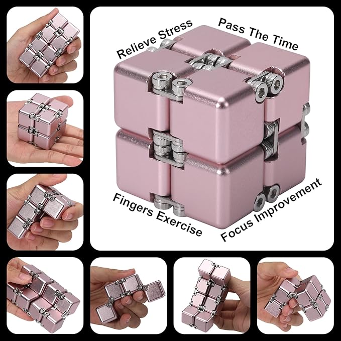 New Version Aluminum Alloy Metal Infinity Cube Fidget Cube Handheld Fidget Toy Desk Toy with Cool Case Infinity Magic Cube Relieve Stress Anxiety ADD ADHD OCD for Kids and Adults (Pink)