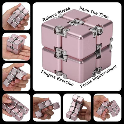 New Version Aluminum Alloy Metal Infinity Cube Fidget Cube Handheld Fidget Toy Desk Toy with Cool Case Infinity Magic Cube Relieve Stress Anxiety ADD ADHD OCD for Kids and Adults (Pink)