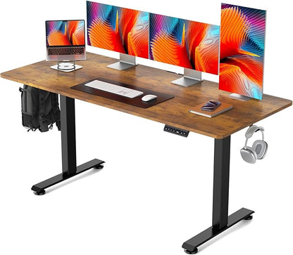 Veken 63 Inch Electric Standing Desk, Height Adjustable Sit Stand Up, Wood Desktop, Work Home Office Computer PC Table, Tall Standup Workstation, Gaming Writing Study Bedroom Rising Desks, Brown