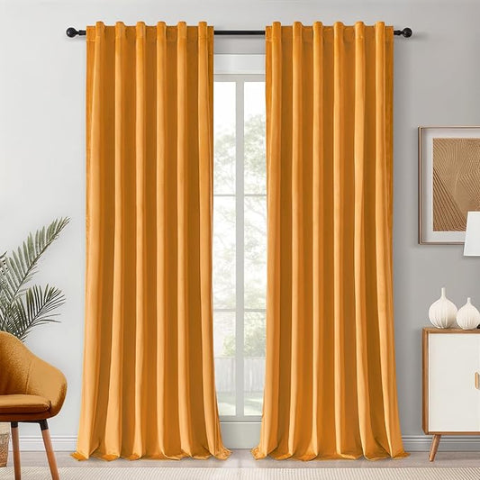 Topfinel Black Out Curtains 72 Inch Long Solid Soft Mustard Yellow Velvet Curtains Thermal Insulated Soundproof Room Darkening Curtains/Drapes/Panels for Fall Living Room Bedroom 52 x 72 Inch