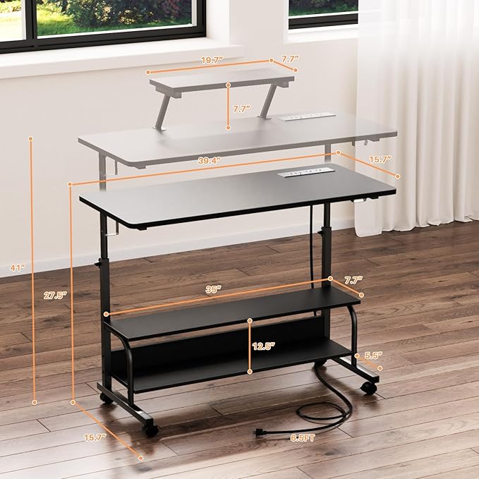 Height Adjustable Standing Desk with Power Outlets and LED Lights - 39" Manual Stand Up Desk with Monitor Stand and Storage Shelves Small Mobile Rolling Computer Desk Portable Laptop Table, Black