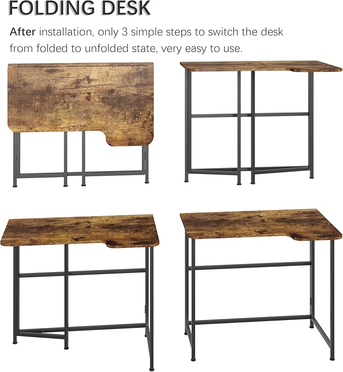 4NM 35.4" Small L Shaped Desk, Folding Computer Desk Home Office Desk, Foldable Bed Desk for Laptop for Small Space Offices - Rustic Brown and Black