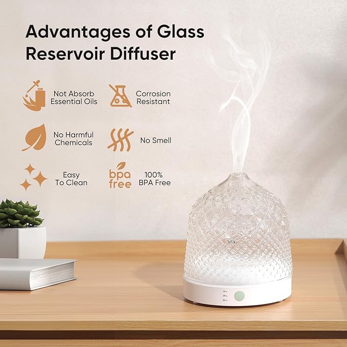 Glass Essential Oil Diffuser, 200ml Ultrasonic Aroma Diffusers with Glass Reservoir Dome & White Plastic Base Lock Color Auto-Off Timer 7 Color Light for Home Office Bedroom Yoga