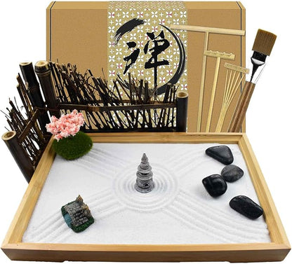 Artcome Japanese Zen Sand Garden for Desk with Rake, Stand, Rocks and Mini Furnishing Articles - Office Table Accessories, Mini Zen Sand Garden Kit - Meditation Gifts