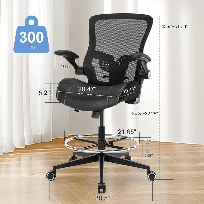 Drafting Chair, Tall Office Chair with Flip-up Armrests, Standing Desk Chair Counter Height Office Chairs with Footrest and Adjustable Lumbar Support Black