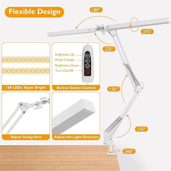 LED Desk Lamp with Clamp, Super Bright Double Head Desk Lamps for Home Office, 5 Color Modes, 10%~100% Dimmable Brightness, Architect Task Desk Light, Modern Swing Arm Workbench Desk Lighting