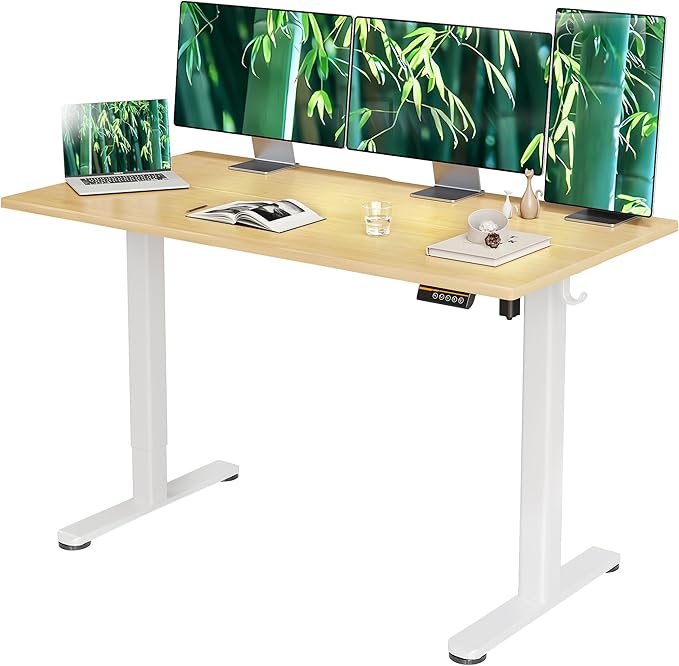 Bamboo Electric Standing Desk, Adjustable Height Stand up Desk, 55x24 Inches Sit Stand Home Office Desk with Splice Board, White Frame/BambooTop