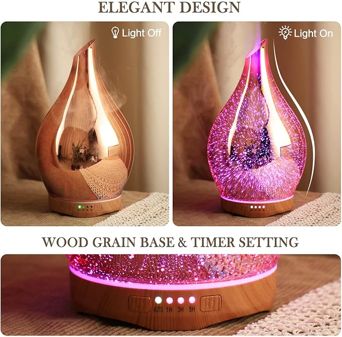 Porseme 280ml Essential Oil Diffuser, 3D Glass Aromatherapy Diffusor, Ultrasonic Cool Mist BPA Free Aroma Humidifier with Timer and Color Changing Function, Waterless Shut-Off for Home Office Room