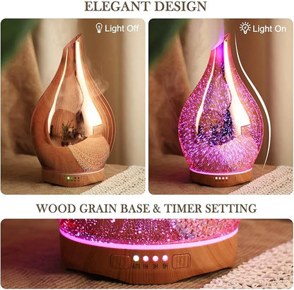 Porseme 280ml Essential Oil Diffuser, 3D Glass Aromatherapy Diffusor, Ultrasonic Cool Mist BPA Free Aroma Humidifier with Timer and Color Changing Function, Waterless Shut-Off for Home Office Room