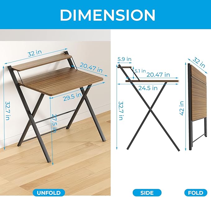 GreenForest Folding Desk No Assembly Required Large Size, 2-Tier Foldable Computer Desk with Shelf for Home Office, Space Saving Portable Laptop Study Foldable Table for Bedroom, Espresso