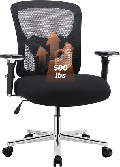 Sweetcrispy Big and Tall Office Desk Chair with Lumbar Support, 500lbs Heavy Duty Mesh Ergonomic Computer Chair with Arm and Wide Comfy Seat, Wheels for Adult