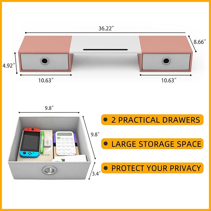 WESTREE Dual Monitor Stand Riser with Two Drawers, Extra Large Storage Monitor Stand for 2 Monitors, Desktop Oraganizer Stand for Computer,Laptop,Screen,Printer,TV
