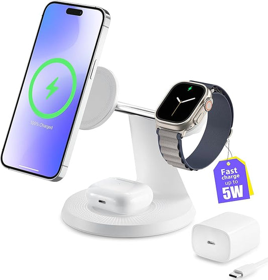 3-in-1 Wireless Charging Station for Apple Devices - Fast Charging Station for iPhone and Watch with MagSafe, Stable Charger Stand for iPhone 12-16 & iWatch & AirPods