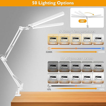 LED Desk Lamp with Clamp, Super Bright Double Head Desk Lamps for Home Office, 5 Color Modes, 10%~100% Dimmable Brightness, Architect Task Desk Light, Modern Swing Arm Workbench Desk Lighting